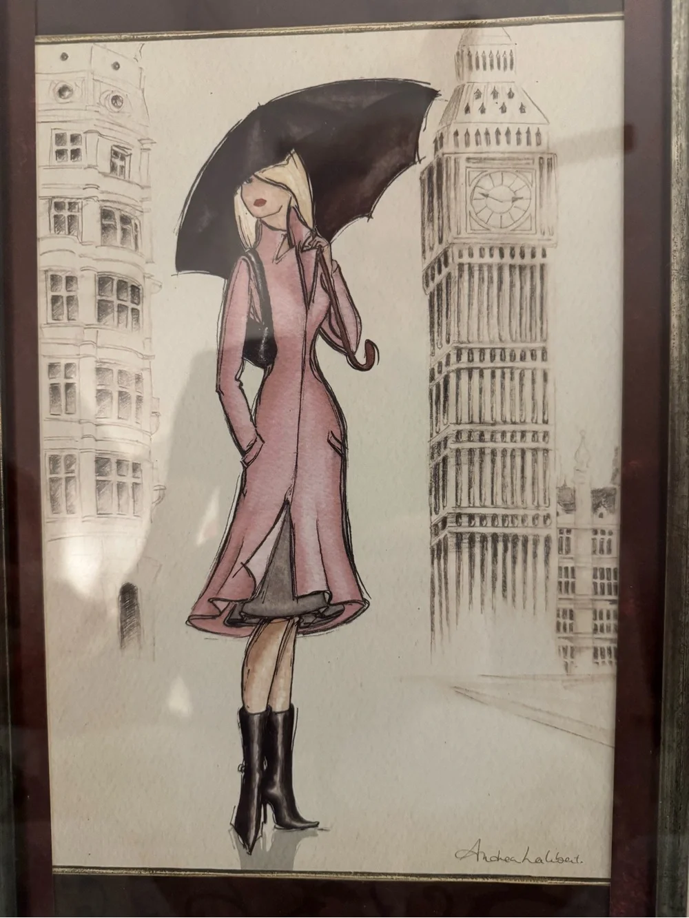 London Fashion Illustration Framed Wall Art - Pink, Black, Cream 16 x 28